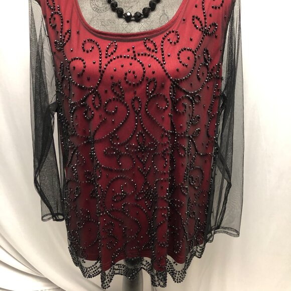 Lane Bryant Top Womens Size XL Embellished Red Black Sheer Mesh Whimsigoth Party - Picture 7 of 8